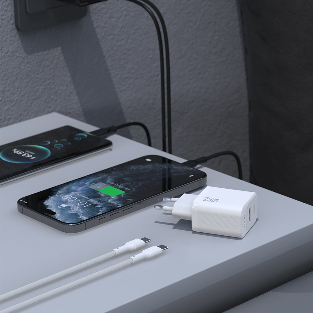 Dudao sieninis įkroviklis A26TCEU PD QC 25W GaN USB-A USB-C su USB-C laidu - baltas