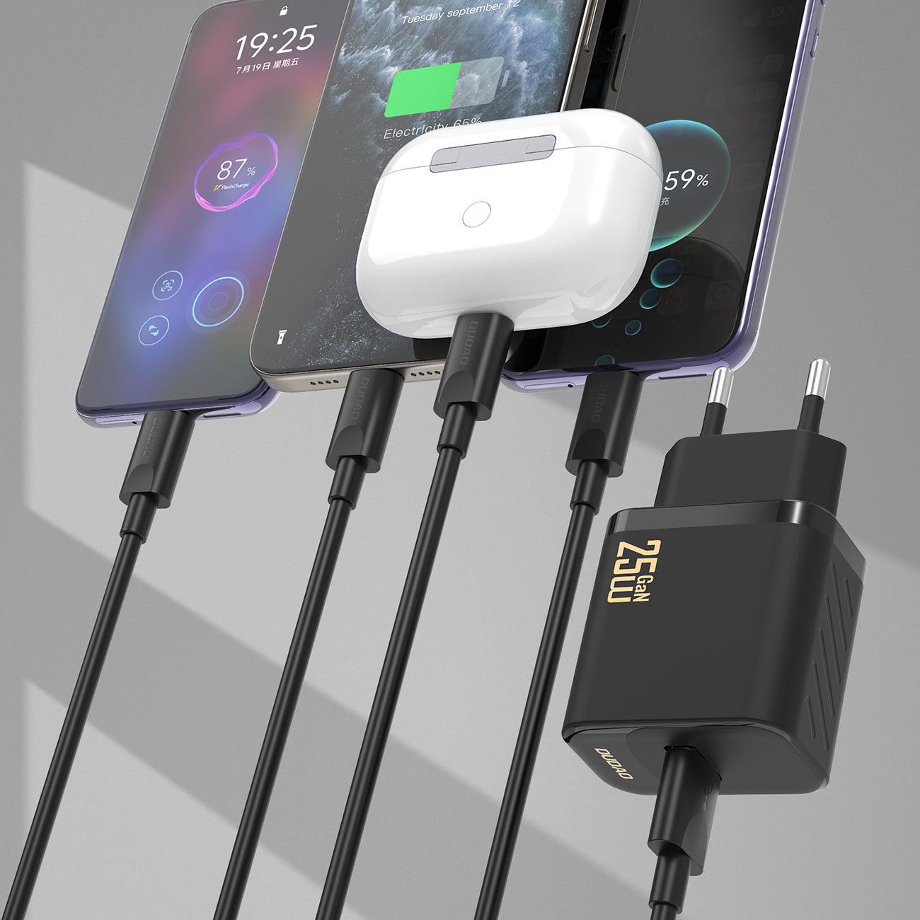 Dudao sieninis įkroviklis A27STEU 25W GaN USB-A su USB-A - USB-C laidu - juodas
