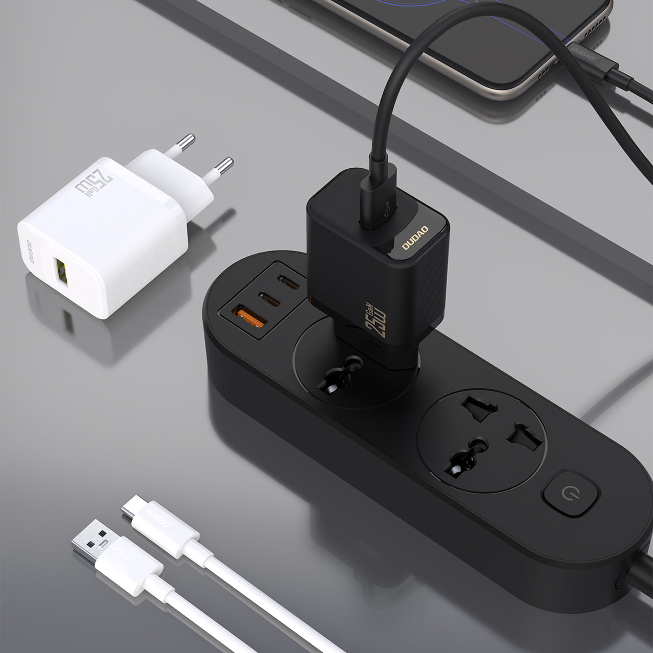 Dudao sieninis įkroviklis A27STEU 25W GaN USB-A su USB-A - USB-C laidu - juodas