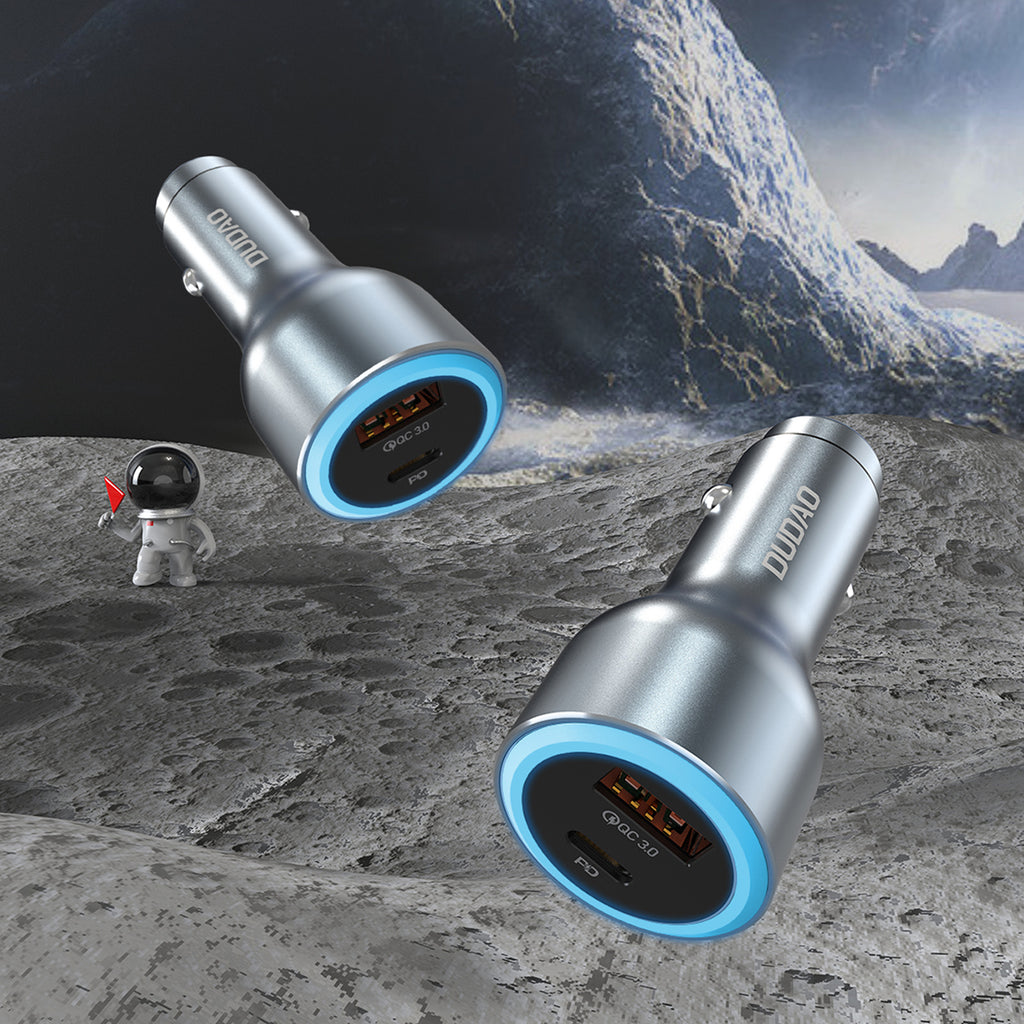Dudao automobilių įkroviklis R4Ultra 120W Power Delivery Quick Charge LED USB-A USB-C, pilkas