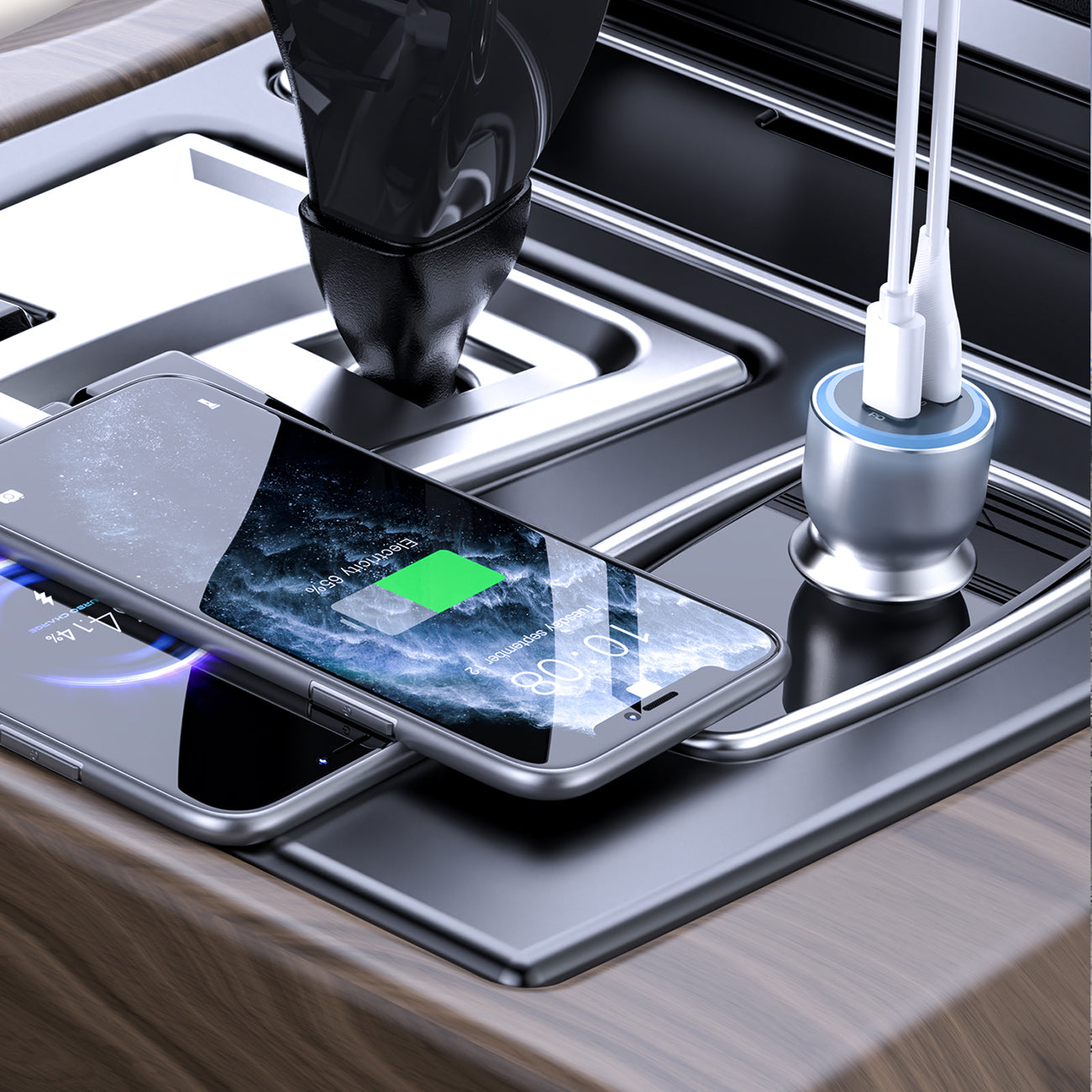 Dudao automobilių įkroviklis R4Ultra 120W Power Delivery Quick Charge LED USB-A USB-C, pilkas