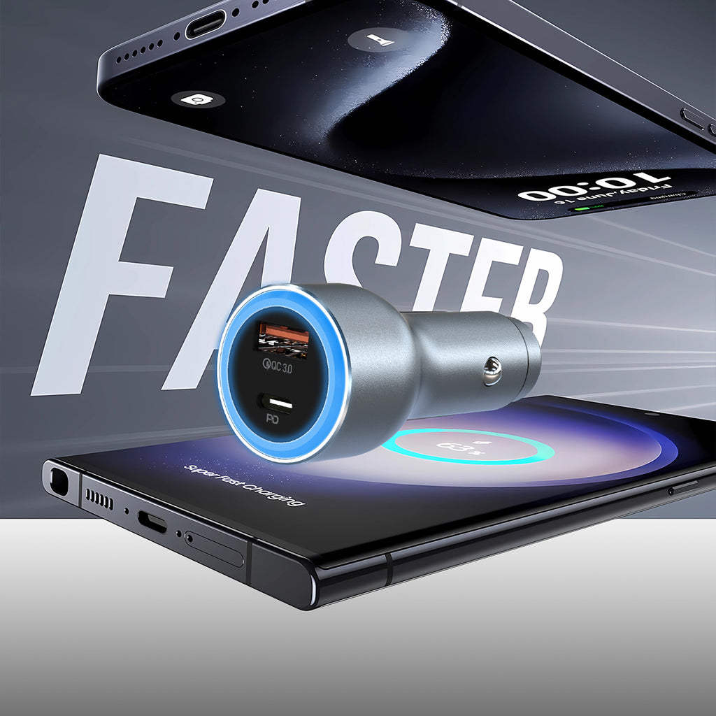 Dudao automobilių įkroviklis R4Ultra 120W Power Delivery Quick Charge LED USB-A USB-C, pilkas