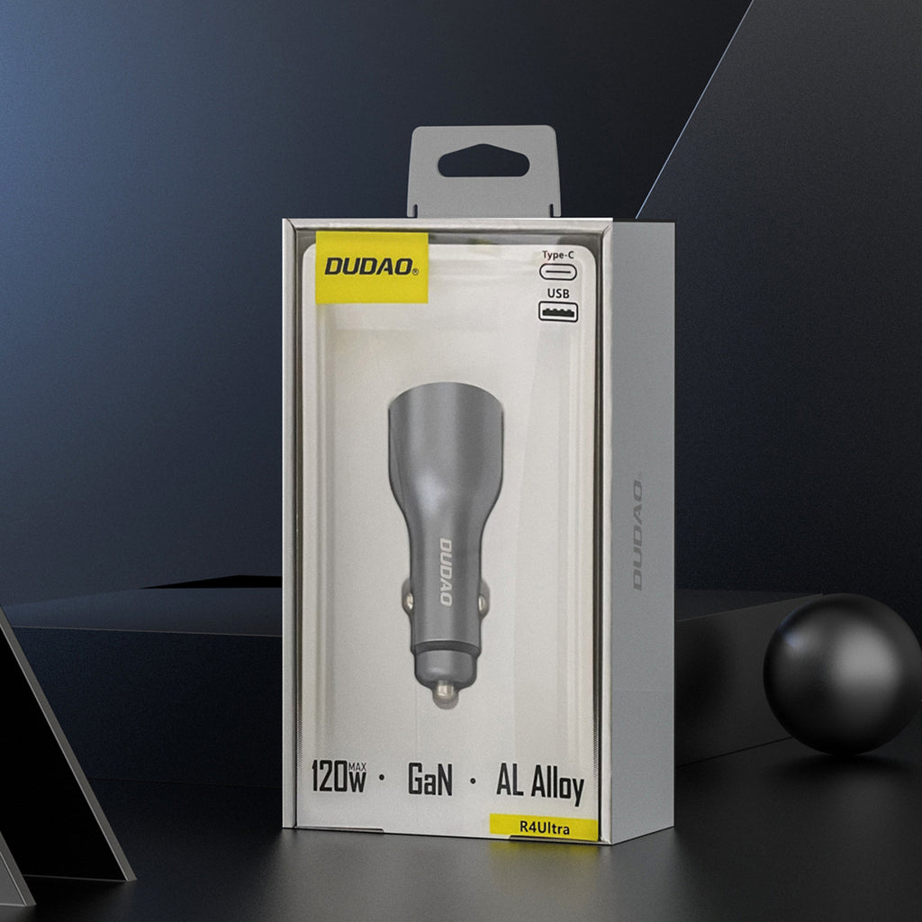 Dudao automobilių įkroviklis R4Ultra 120W Power Delivery Quick Charge LED USB-A USB-C, pilkas