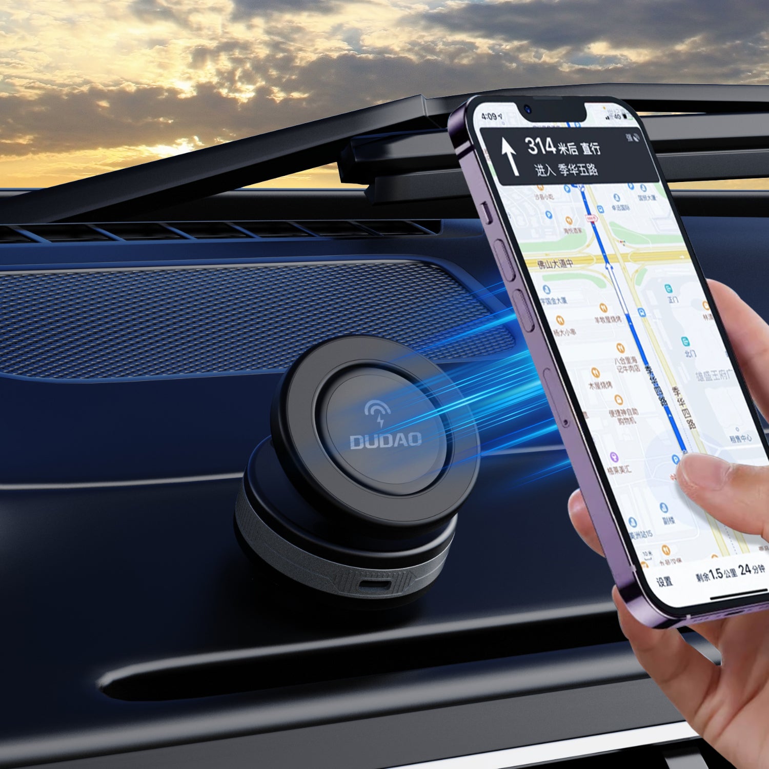 Dudao F24MAX automobilinis laikiklis su 15W belaidžiu įkrovikliu, suderinamas su MagSafe, su automatiniu siurbtuku juodas