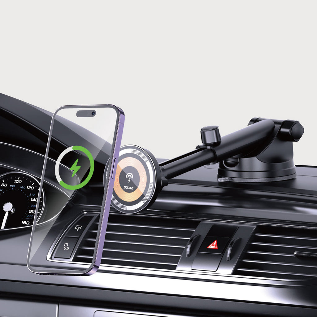 Automobilinis laikiklis Dudao F12MAX+ su 15W belaidžiu įkrovikliu, suderinamas su Magsafe - juodas