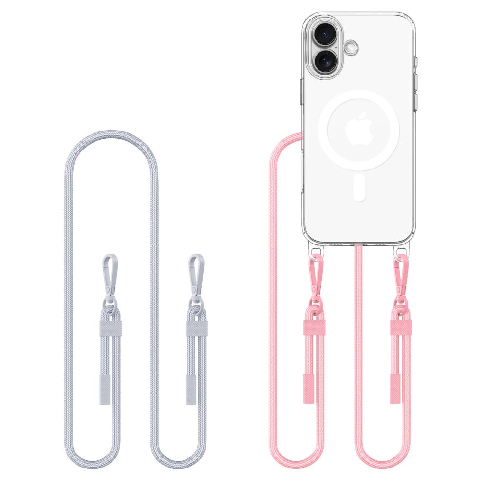 „Tech-Protect Flexair Chain MagSafe“ dėklas, skirtas „iPhone 16“ – skaidrus + 2 dirželiai (rožinė ir pilka) -- iPhone 16