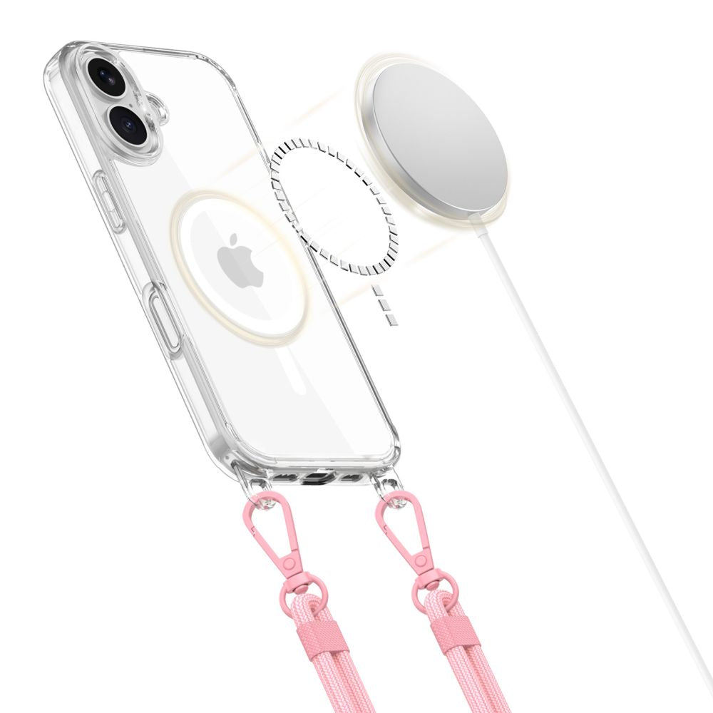 „Tech-Protect Flexair Chain MagSafe“ dėklas, skirtas „iPhone 16“ – skaidrus + 2 dirželiai (rožinė ir pilka) -- iPhone 16