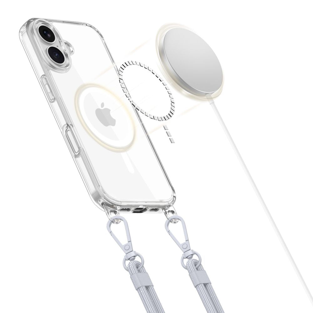 „Tech-Protect Flexair Chain MagSafe“ dėklas, skirtas „iPhone 16“ – skaidrus + 2 dirželiai (rožinė ir pilka) -- iPhone 16