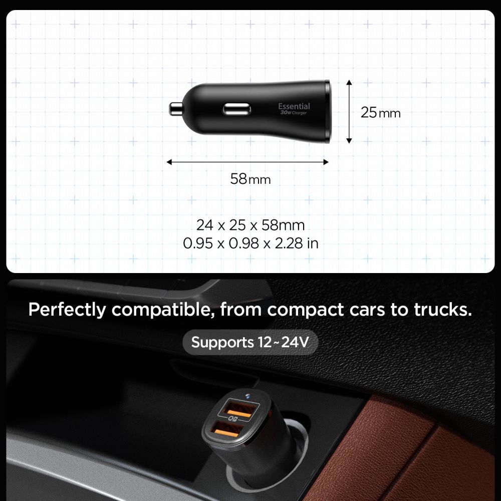 Spigen automobilinis įkroviklis Essential EV302 30W 2 jungčių USB-A - juodas