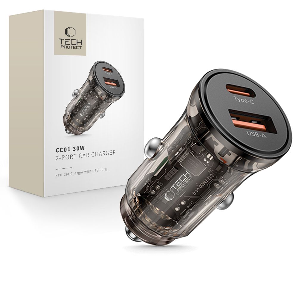 Tech-Protect automobilinis įkroviklis CC01 30W 2 jungčių USB-A / USB-C - juodas -- Cell phone chargers