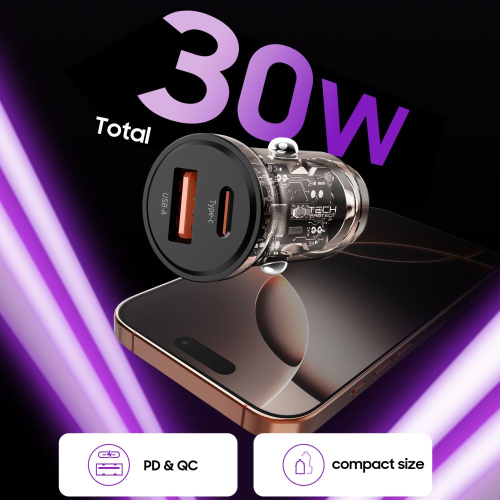 Tech-Protect automobilinis įkroviklis CC01 30W 2 jungčių USB-A / USB-C - juodas -- Cell phone chargers