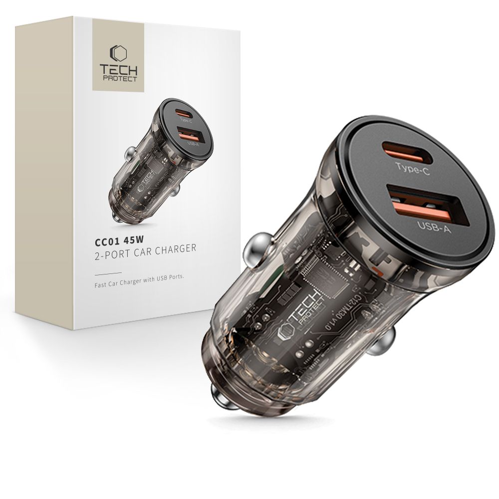 Tech-Protect automobilinis įkroviklis CC01 45W 2 jungčių USB-A / USB-C - juodas -- Cell phone chargers