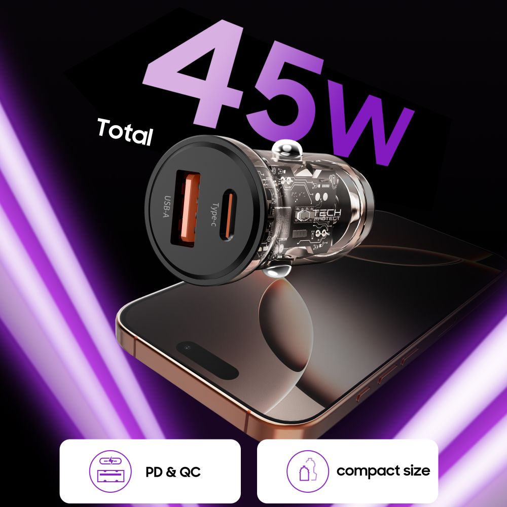 Tech-Protect automobilinis įkroviklis CC01 45W 2 jungčių USB-A / USB-C - juodas -- Cell phone chargers