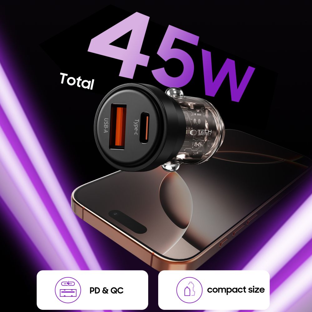 Tech-Protect automobilinis įkroviklis CC03 45W 2 jungčių USB-A / USB-C - juodas -- Cell phone chargers