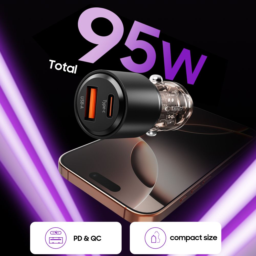 Tech-Protect automobilinis įkroviklis CC03 95W 2 jungčių USB-A / USB-C - juodas -- Cell phone chargers