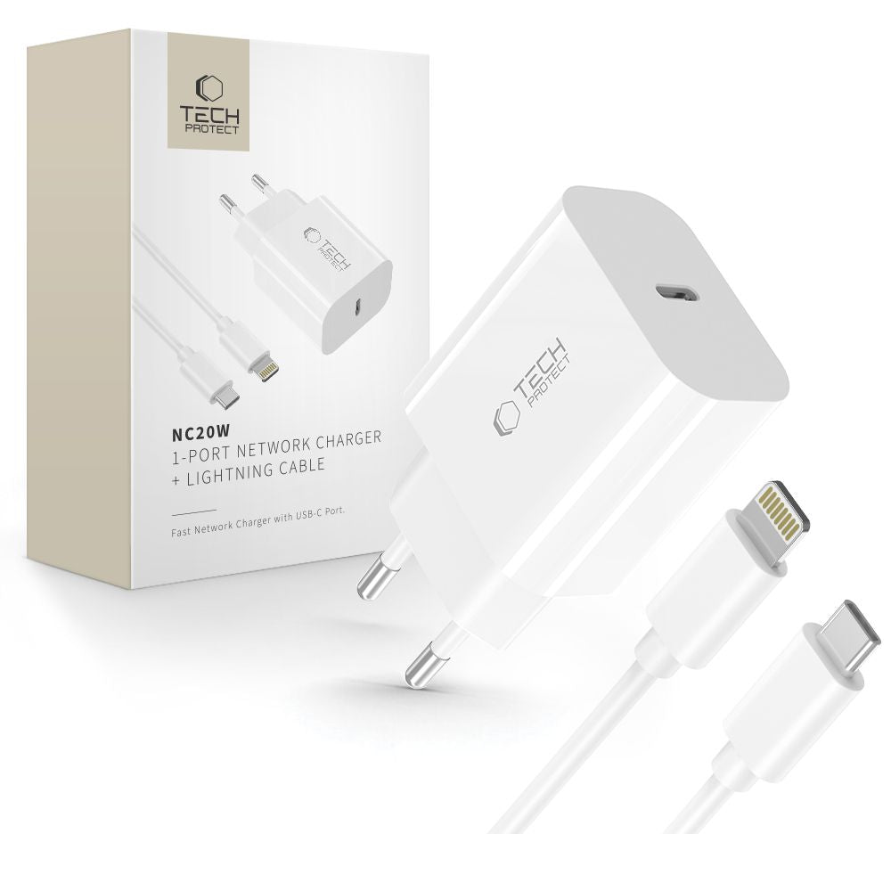 Tech-Protect sieninis įkroviklis NC20W su 100 cm USB-C / Lightning laidu - baltas -- Cell phone chargers