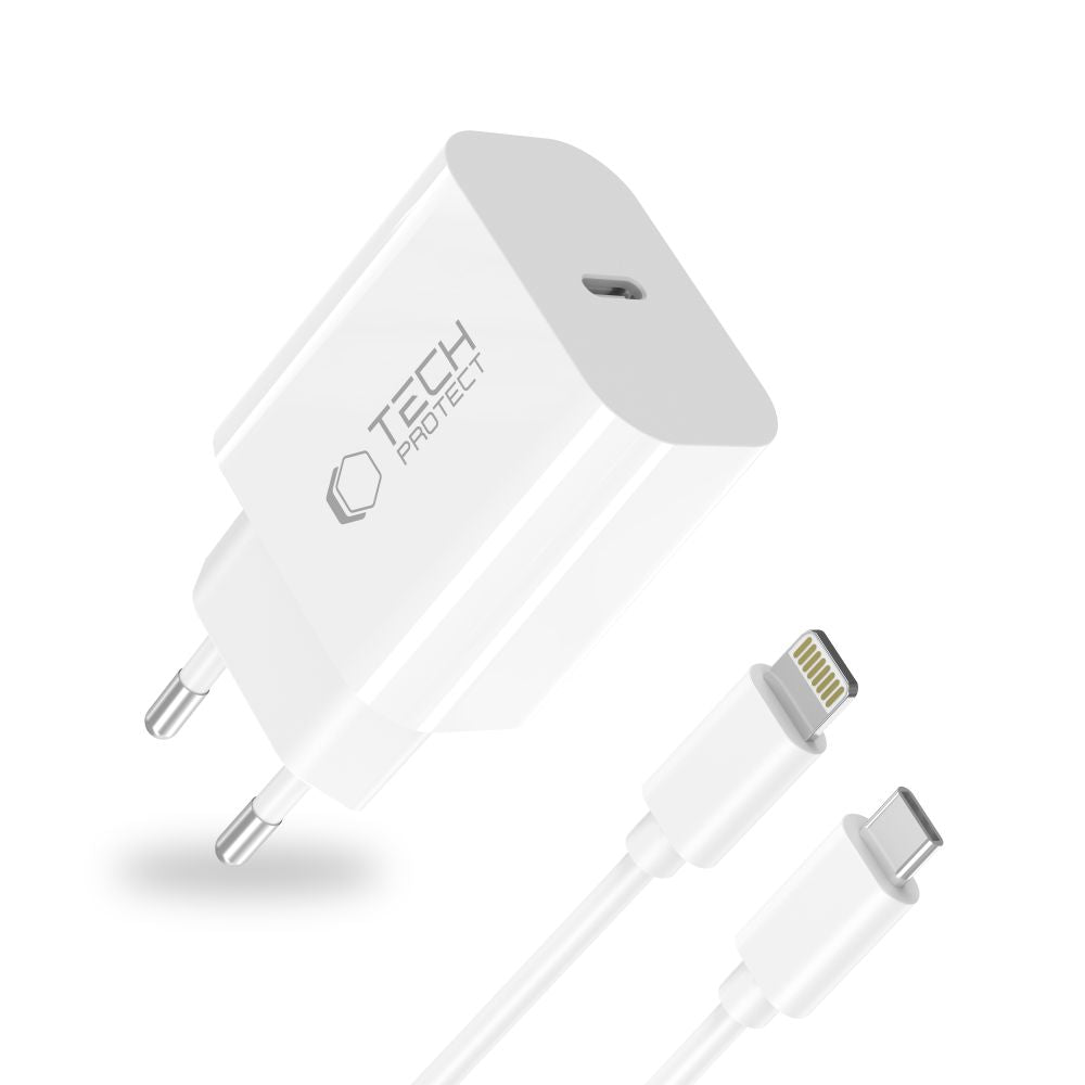 Tech-Protect sieninis įkroviklis NC20W su 100 cm USB-C / Lightning laidu - baltas -- Cell phone chargers