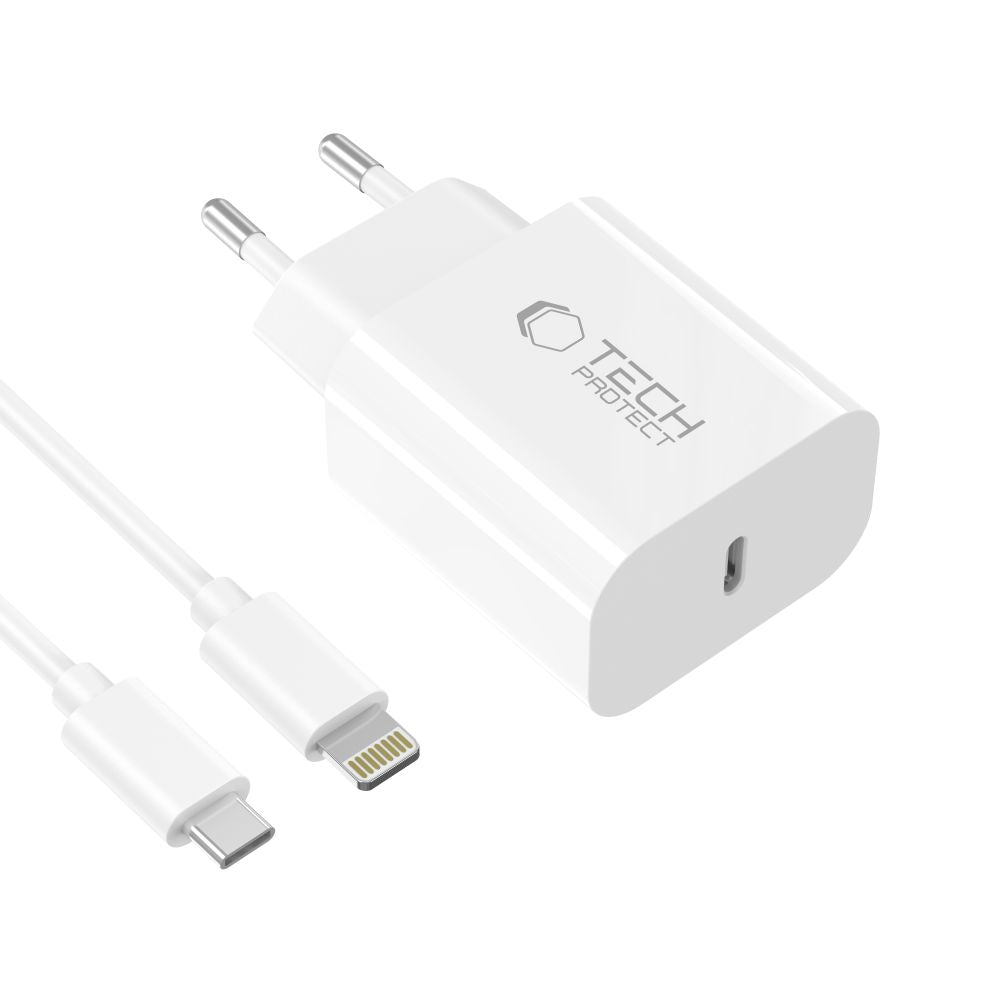 Tech-Protect sieninis įkroviklis NC20W su 100 cm USB-C / Lightning laidu - baltas -- Cell phone chargers