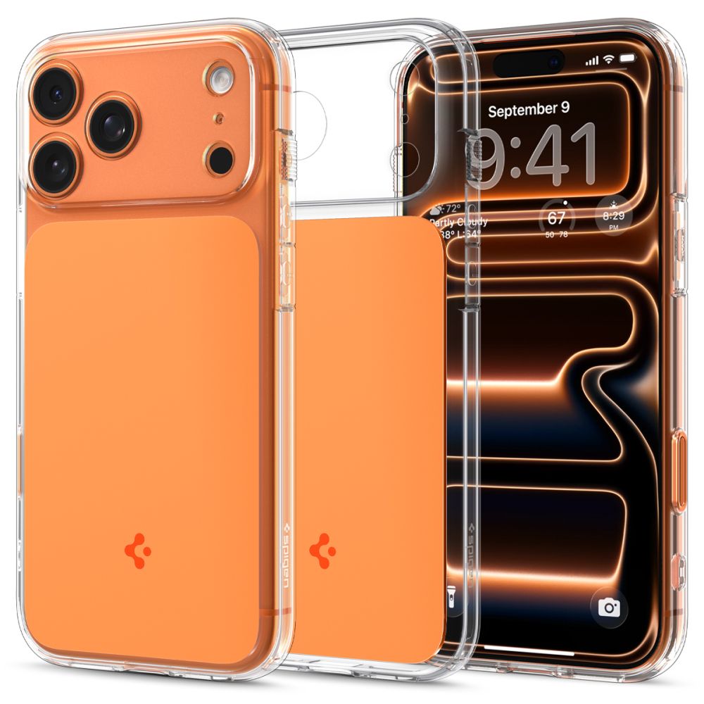 Spigen Thin Fit MagSafe dėklas iPhone 17 Pro Max – skaidrus oranžinis
