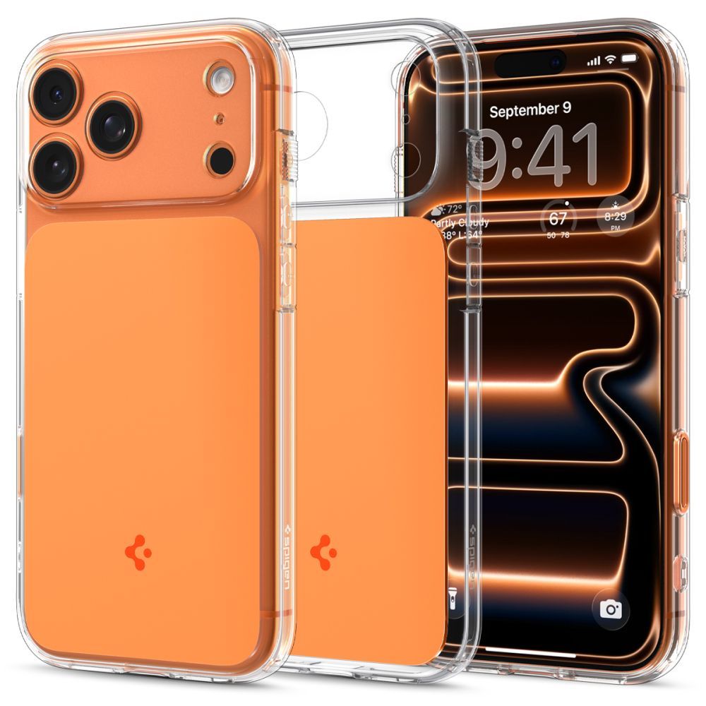Spigen Thin Fit MagSafe dėklas iPhone 17 Pro – skaidrus oranžinis