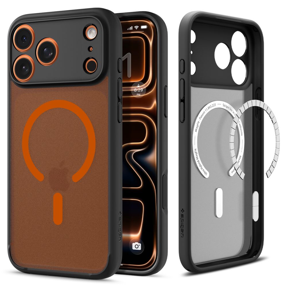 Spigen Ultra Hybrid MagSafe dėklas iPhone 17 Pro Max – juodas/oranžinis