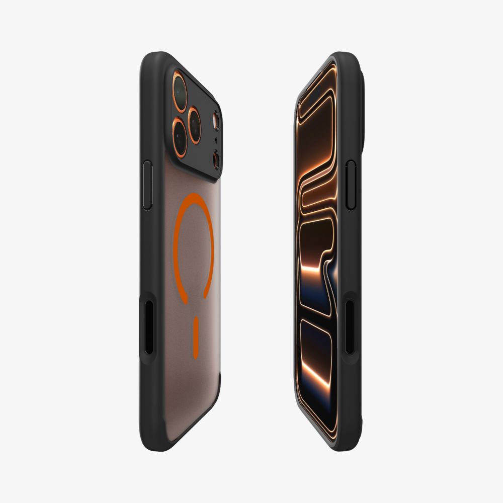 Spigen Ultra Hybrid MagSafe dėklas iPhone 17 Pro Max – juodas/oranžinis