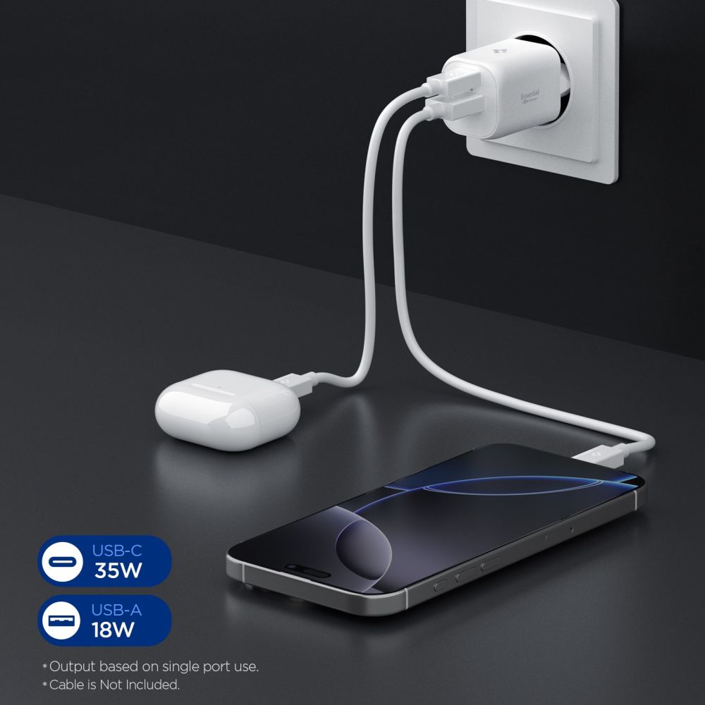 Spigen sieninis įkroviklis Essential EE352EU USB-C / USB-A 35W - baltas