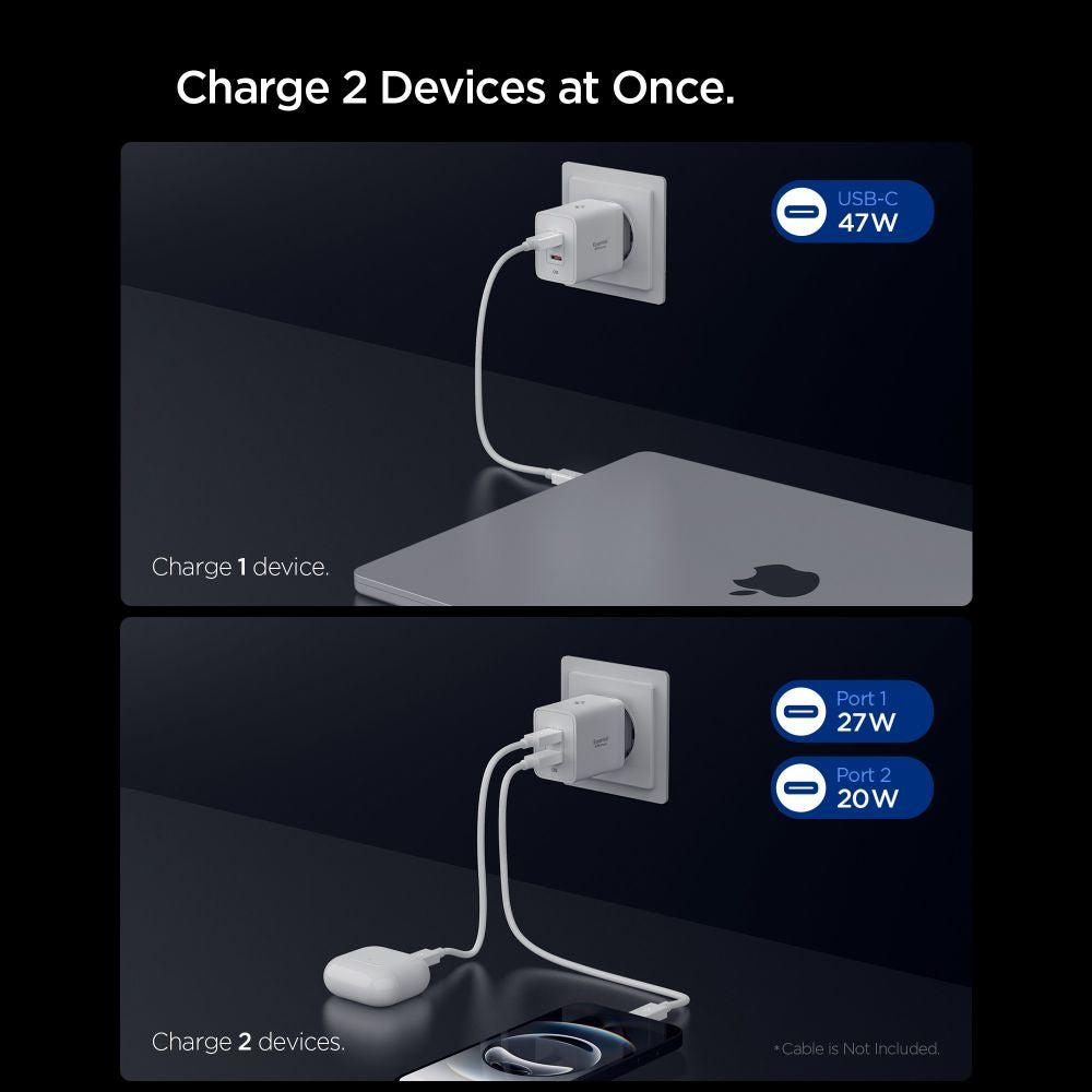 Spigen sieninis įkroviklis Essential EE472EU 2-port USC-C 47W - baltas