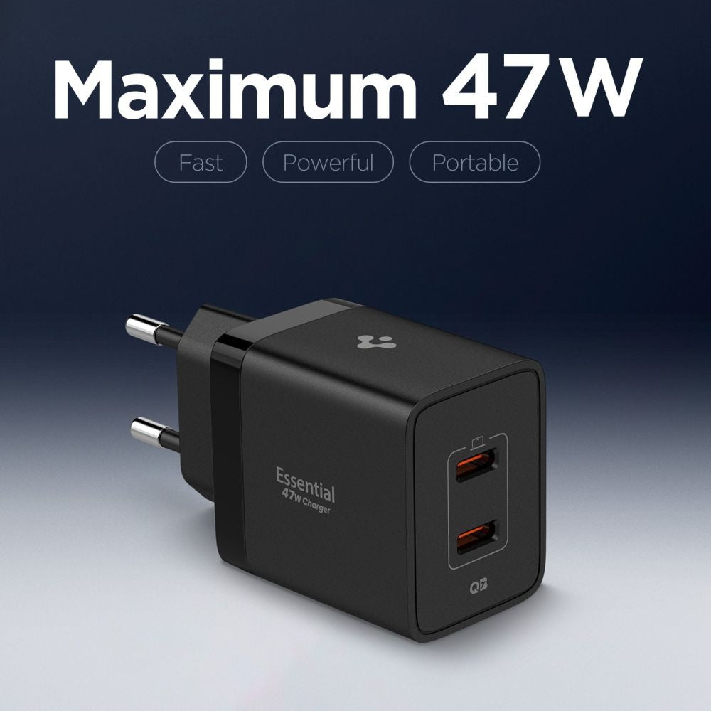 Spigen sieninis įkroviklis Essential EE472EU 2-port USC-C 47W - juodas