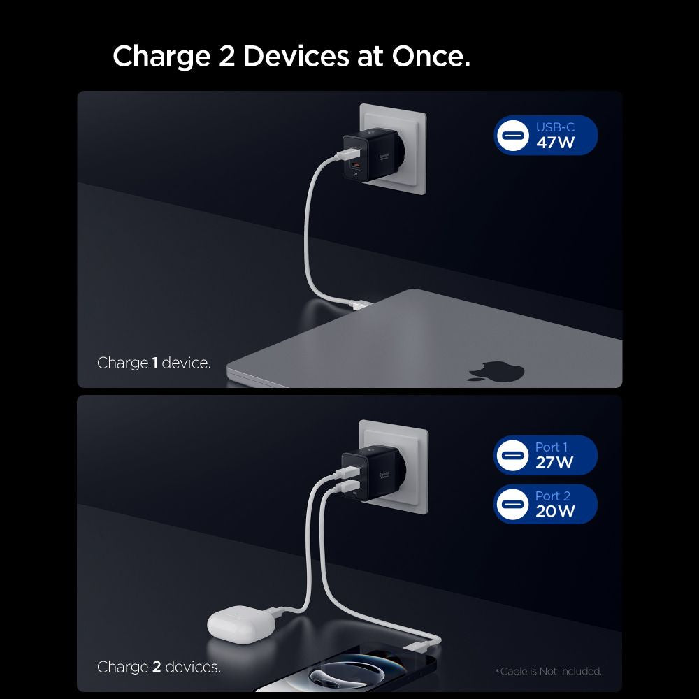 Spigen sieninis įkroviklis Essential EE472EU 2-port USC-C 47W - juodas