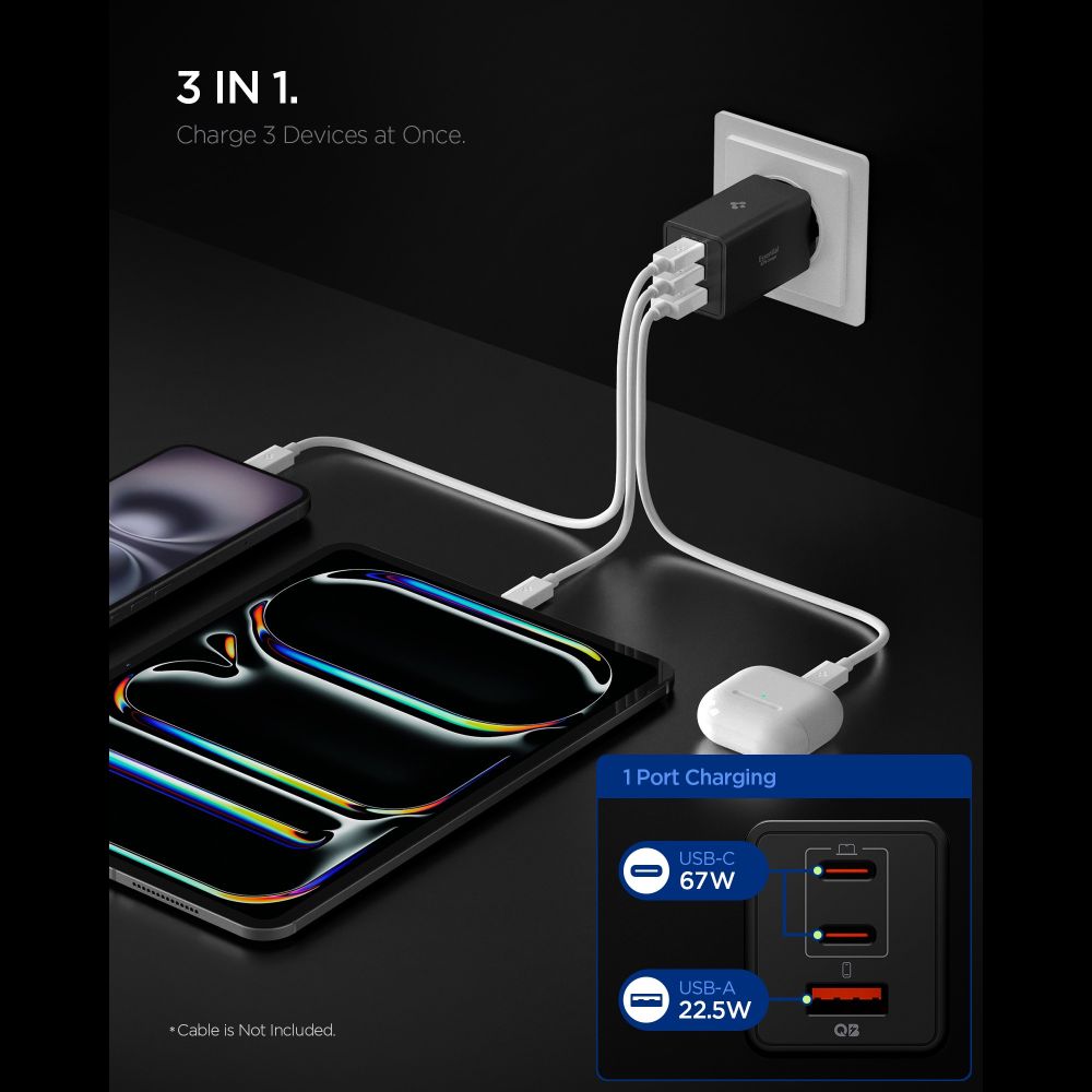 Spigen įkroviklis Essential EE673EU 3-port 2xUSB-C 1xUSB-A 67W - juodas
