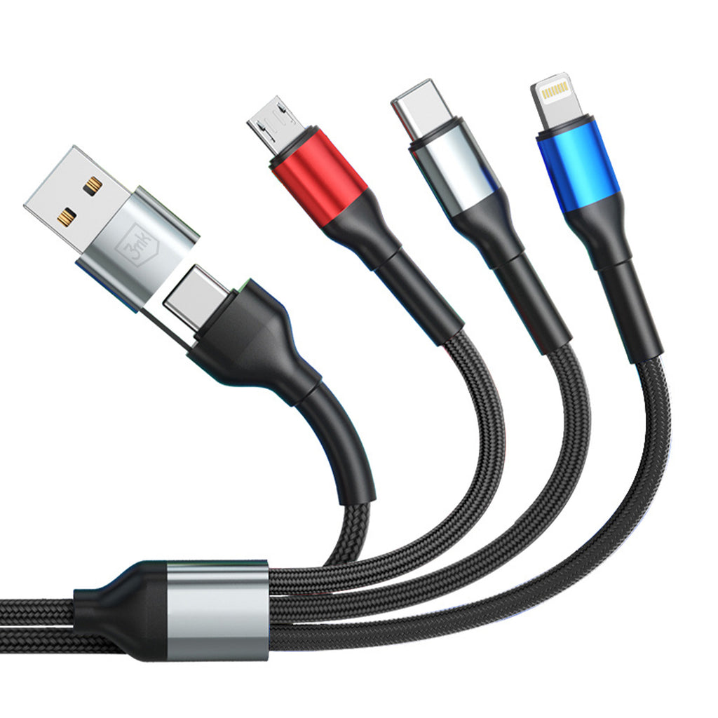 3mk Hyper Laidas N-SERIES 6 in 1 USB-C / USB-A į USB-C / Lightning / Micro 1.2m QC 3.0 9V / 2A 18W - juodas
