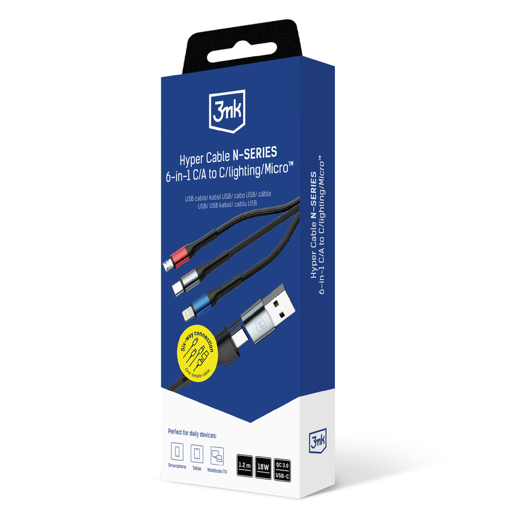 3mk Hyper Laidas N-SERIES 6 in 1 USB-C / USB-A į USB-C / Lightning / Micro 1.2m QC 3.0 9V / 2A 18W - juodas