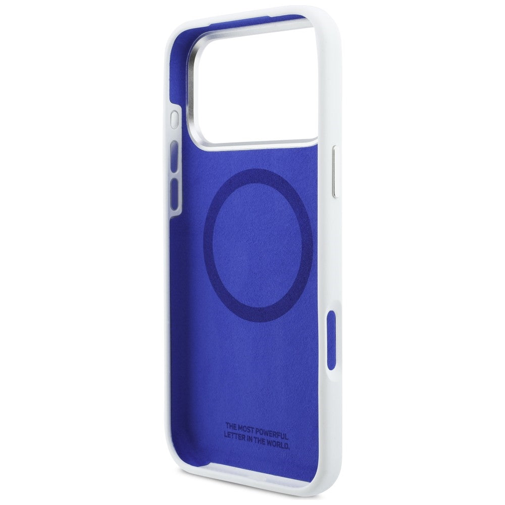 BMW M silikoninis MagSafe dėklas iPhone 17 Pro Max – baltas