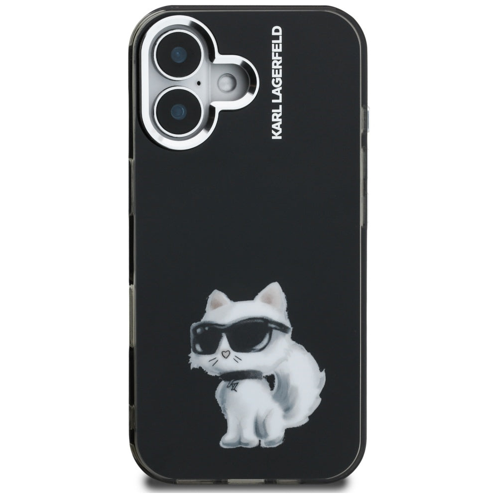 Karl Lagerfeld IML Aquarelle Choupette dėklas iPhone 16 – juodas