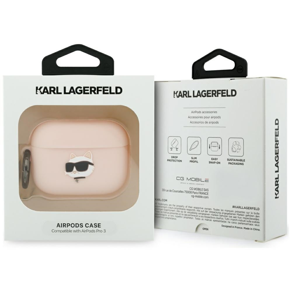 Karl Lagerfeld silikoninė chaupette galvutė 3D dėklas, skirtas AirPods Pro 3 - rožinis