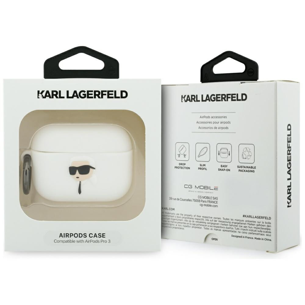 Karl Lagerfeld silikoninis Karl Head 3D dėklas, skirtas AirPods Pro 3 - baltas