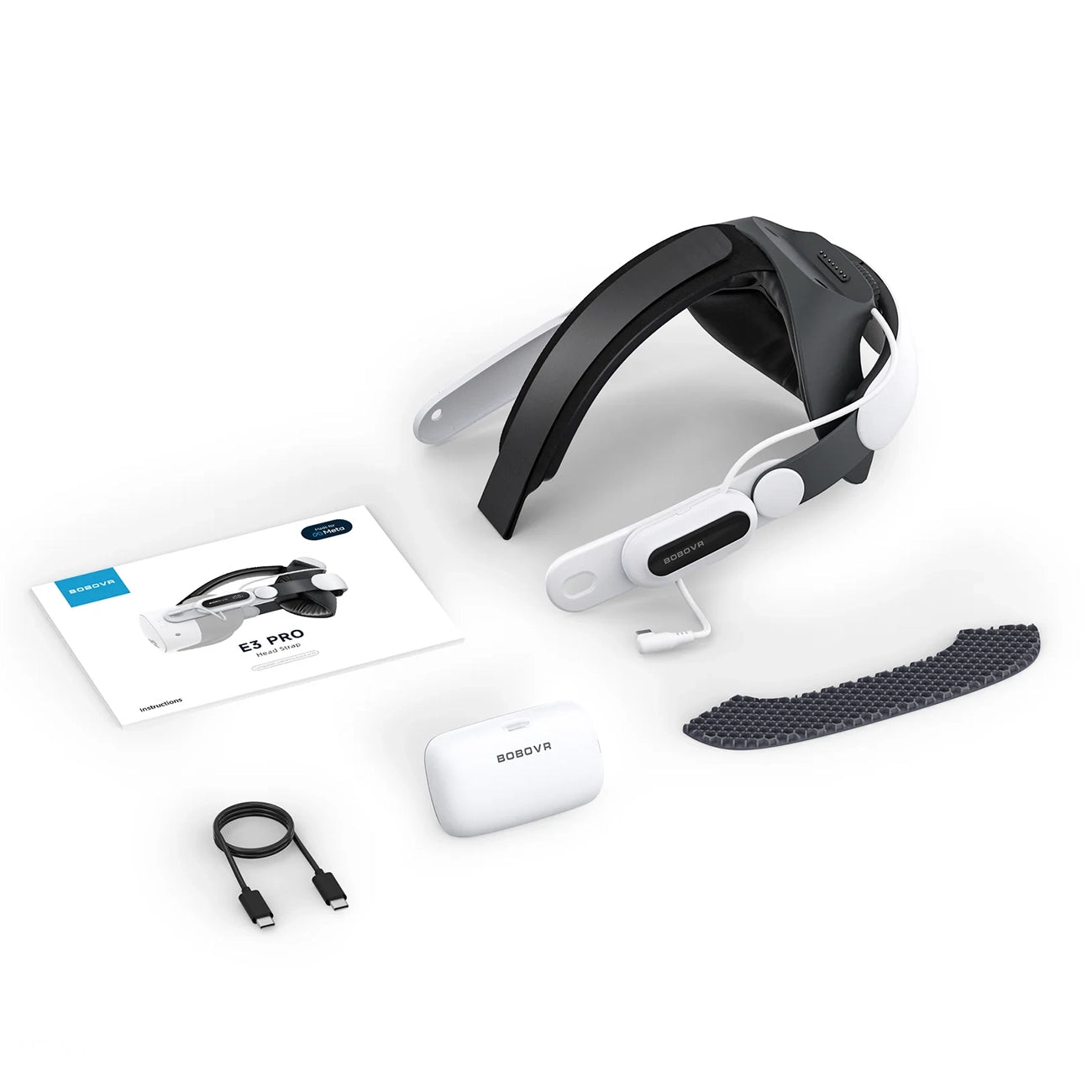 BoboVR E3 Pro galvos dirželis su baterija Meta Quest 3 ir 3S - balta ir juoda -- Meta Quest 3 / Meta Quest 3S