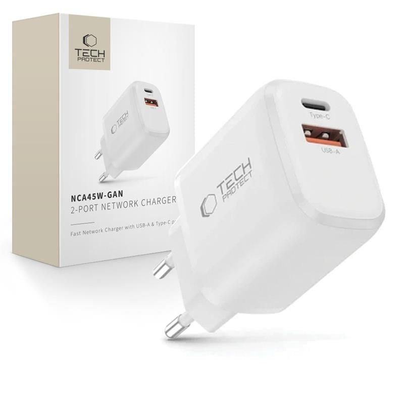 Tech-Protect sieninis įkroviklis NCA45W-GAN 2-Port USB-C / USB-A 45W - baltas -- Cell phone chargers