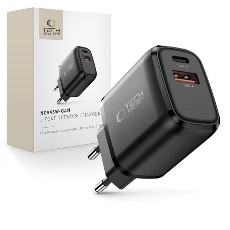 Tech-Protect sieninis įkroviklis NCA45W-GAN 2-Port USB-C / USB-A 45W - juodas -- Cell phone chargers