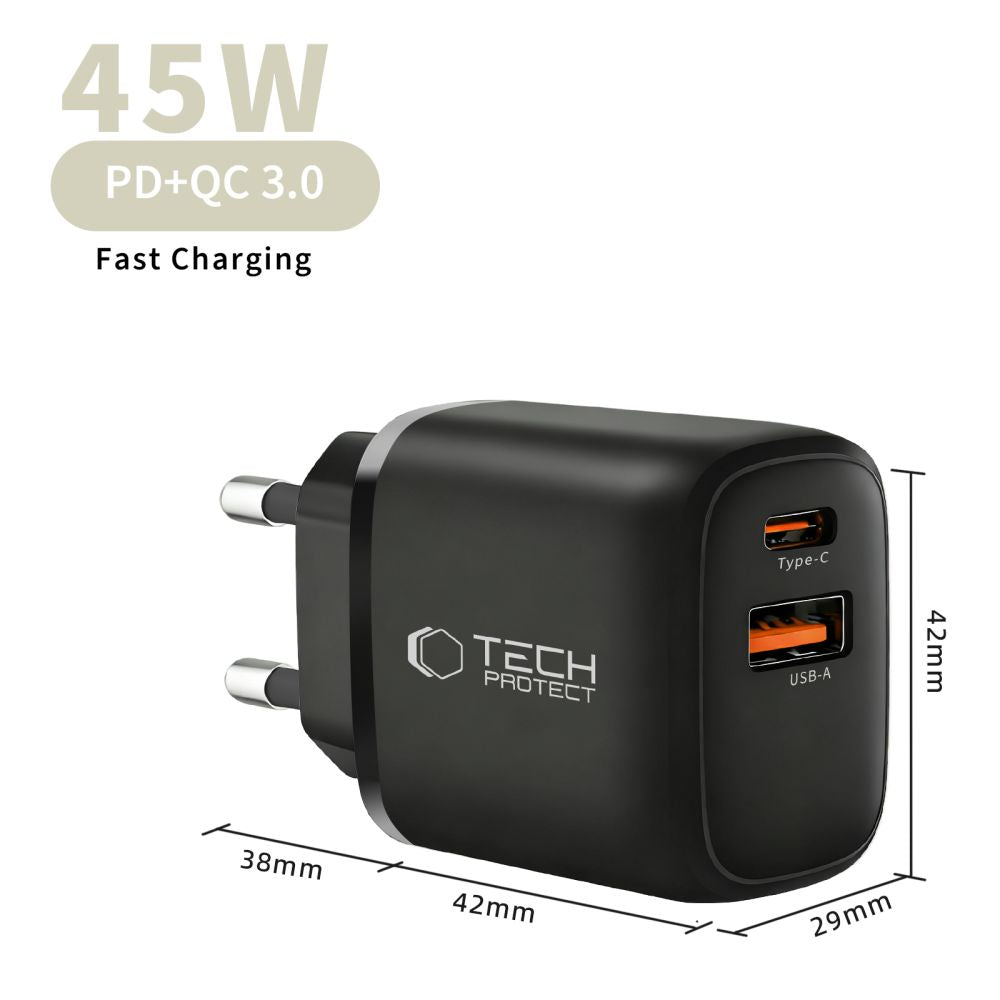 Tech-Protect sieninis įkroviklis NCA45W-GAN 2-Port USB-C / USB-A 45W - juodas -- Cell phone chargers