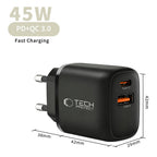 Tech-Protect sieninis įkroviklis NCA45W-GAN 2-Port USB-C / USB-A 45W - juodas -- Cell phone chargers