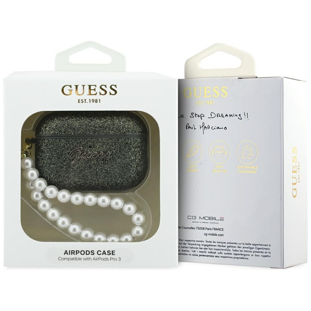 Guess Blizgantis perlų dirželis skirtas AirPods Pro 3 - Black and Glitter