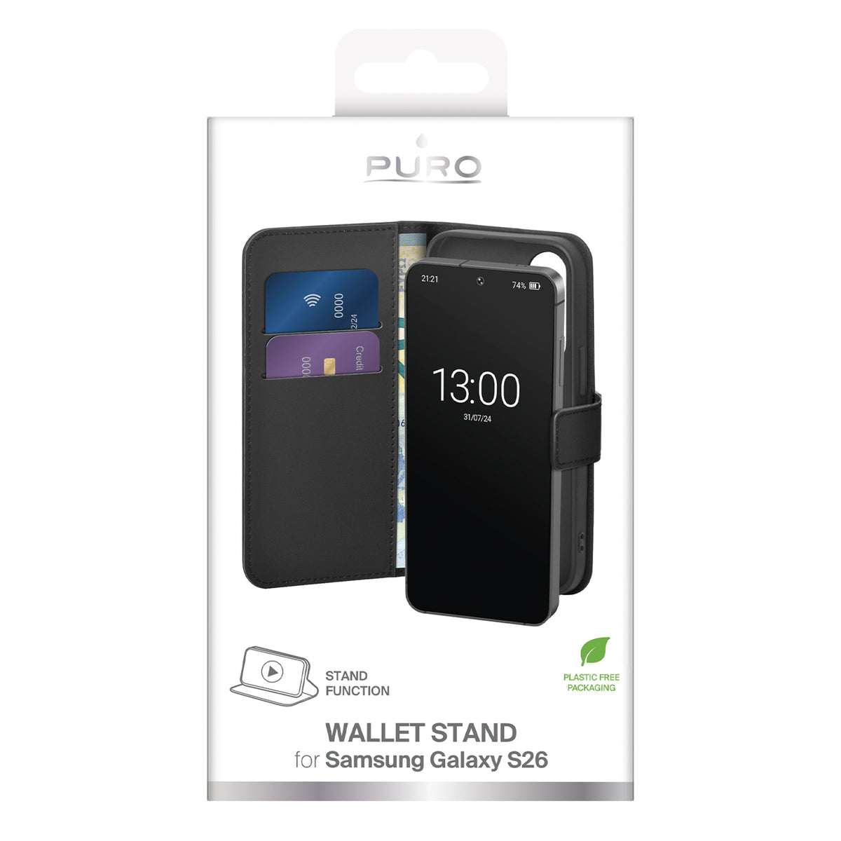 Puro ekologiškos odos dėklas, skirtas Samsung Galaxy S26 su pinigine – juodas