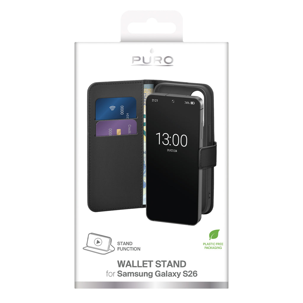 Puro ekologiškos odos dėklas, skirtas Samsung Galaxy S26 su pinigine – juodas