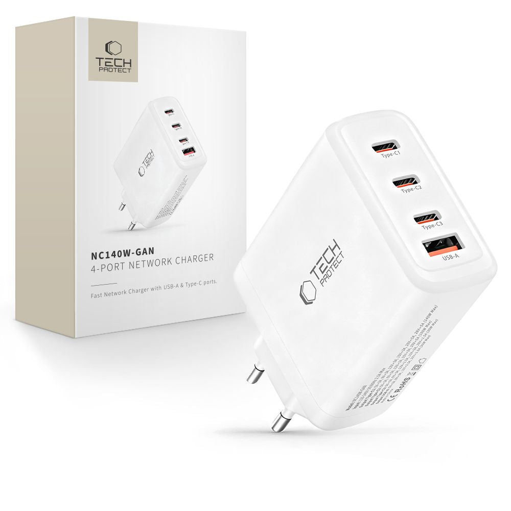 Tech-Protect sieninis įkroviklis NC140W-GAN 4-Port 140W - baltas -- Cell phone chargers