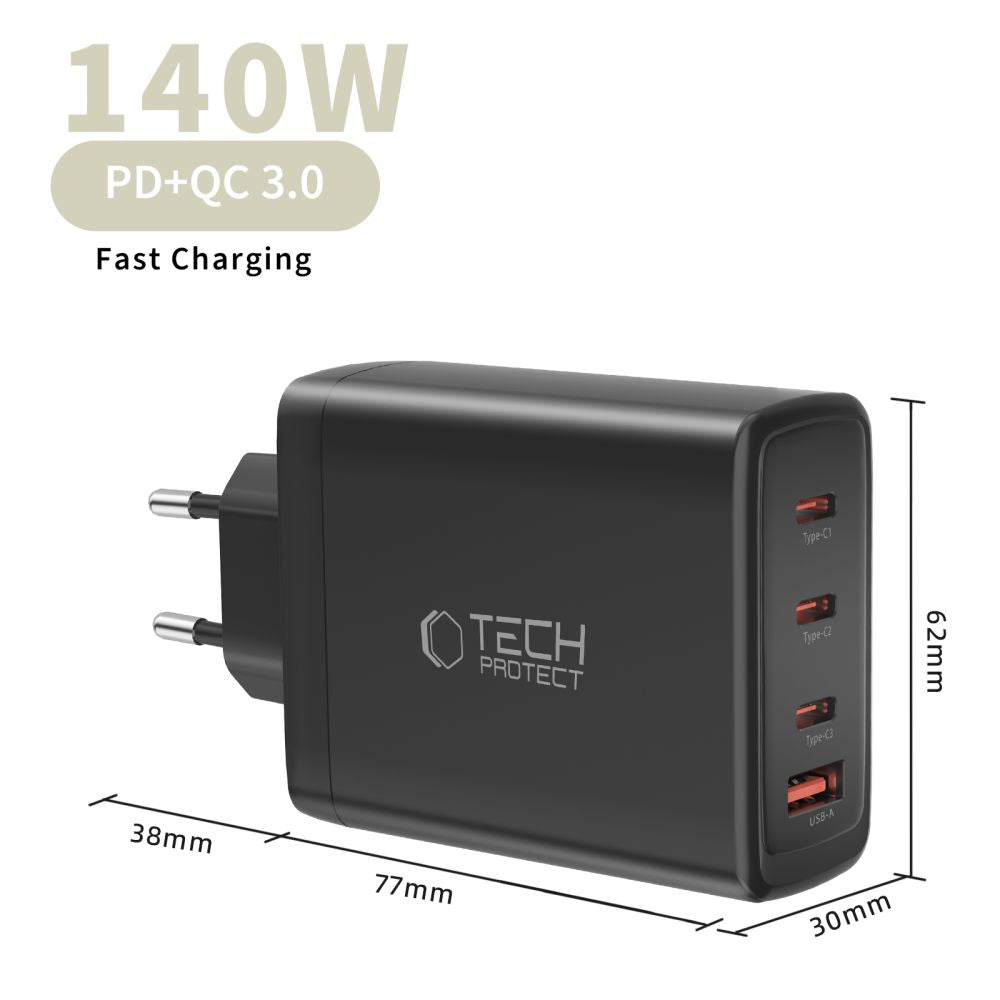 Tech-Protect sieninis įkroviklis NC140W-GAN 4-Port 140W - juodas -- Cell phone chargers