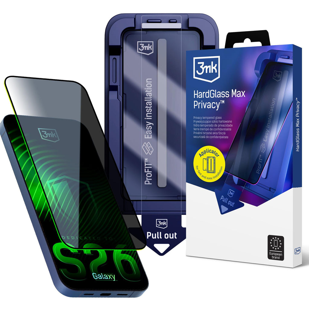 9H grūdintas stiklas su 3mk HardGlass Max Privacy filtru, skirtas Samsung Galaxy S26 -- Samsung Galaxy S26