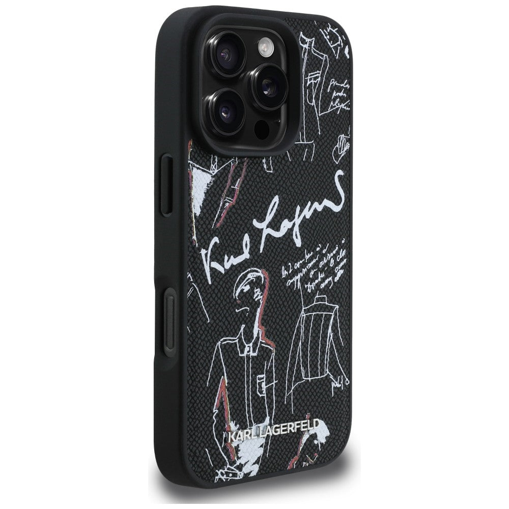 Karl Lagerfeld grūdėtas raštas ir logotipas MagSafe Dėklas, skirtas iPhone 16 Pro – juodas