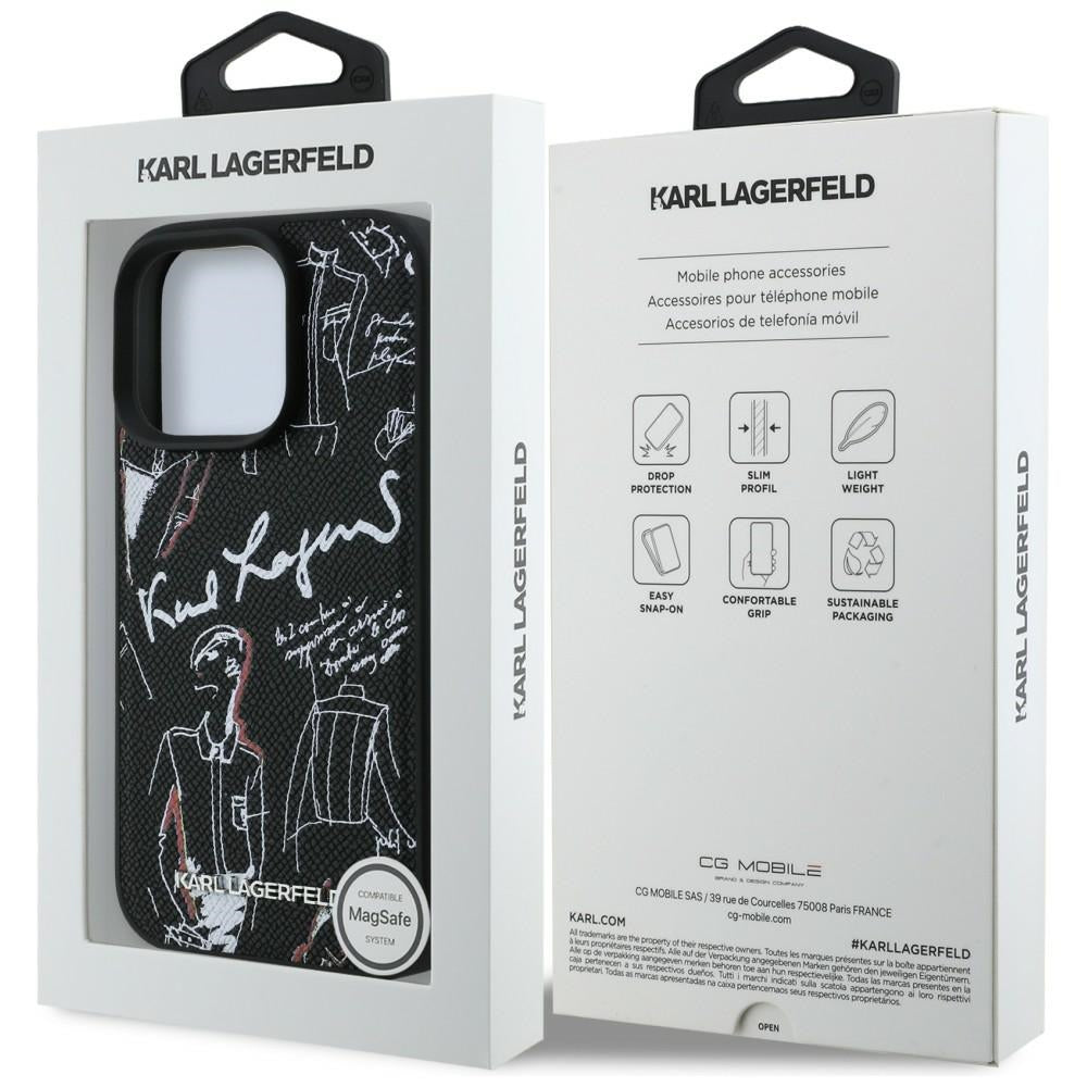 Karl Lagerfeld grūdėtas raštas ir logotipas MagSafe Dėklas, skirtas iPhone 16 Pro – juodas
